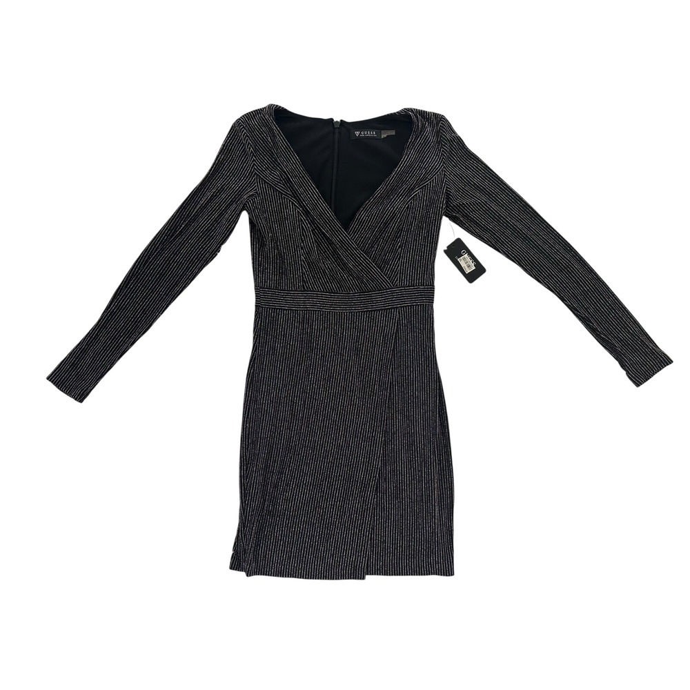 Guess‎ Metallic Stripe Long Sleeve Bodycon Mini Dress Black Silver Sz 2 NWT